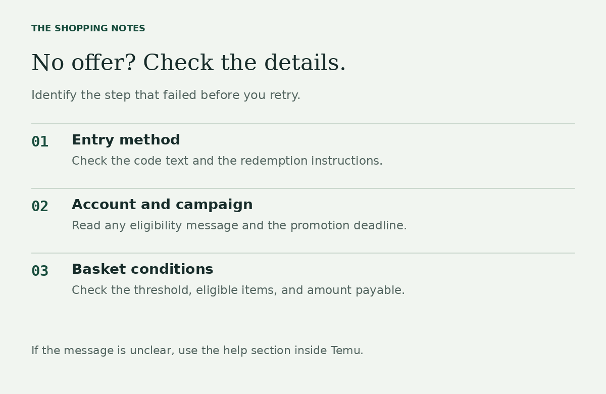 Temu code troubleshooting checklist: entry method, account eligibility, promotion deadline, basket conditions, and final total.